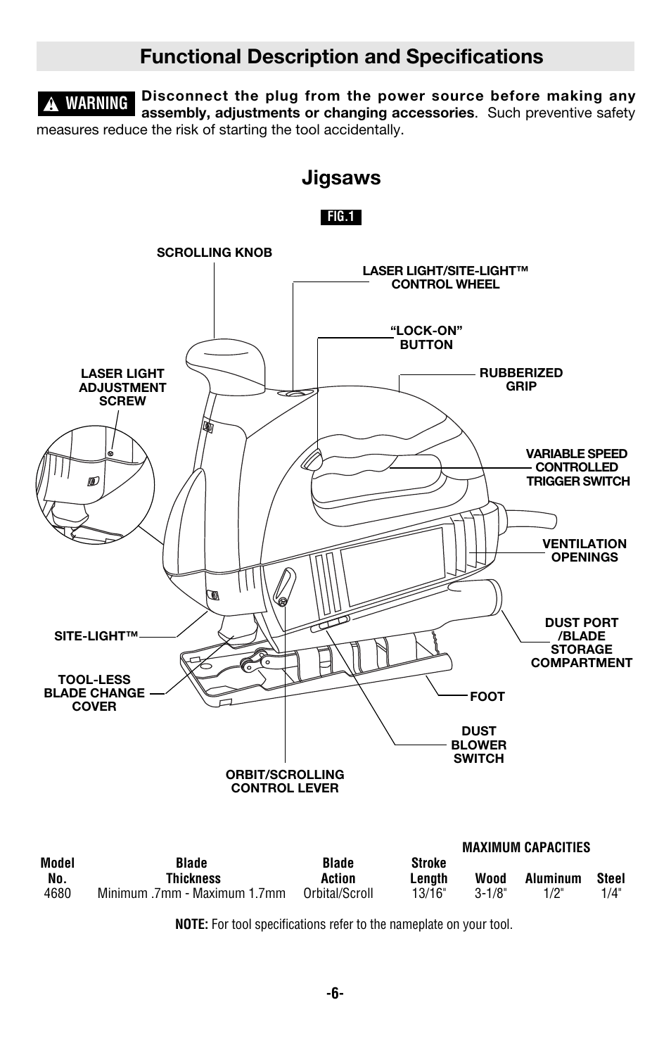 Functional description and specifications, Jigsaws, Warning | Skil 4680 User Manual | Page 6 / 44