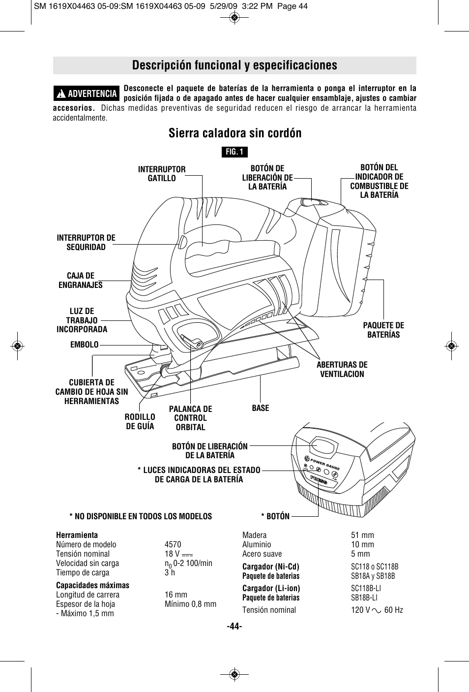 Descripción funcional y especificaciones, Sierra caladora sin cordón | Skil 4570 User Manual | Page 44 / 56