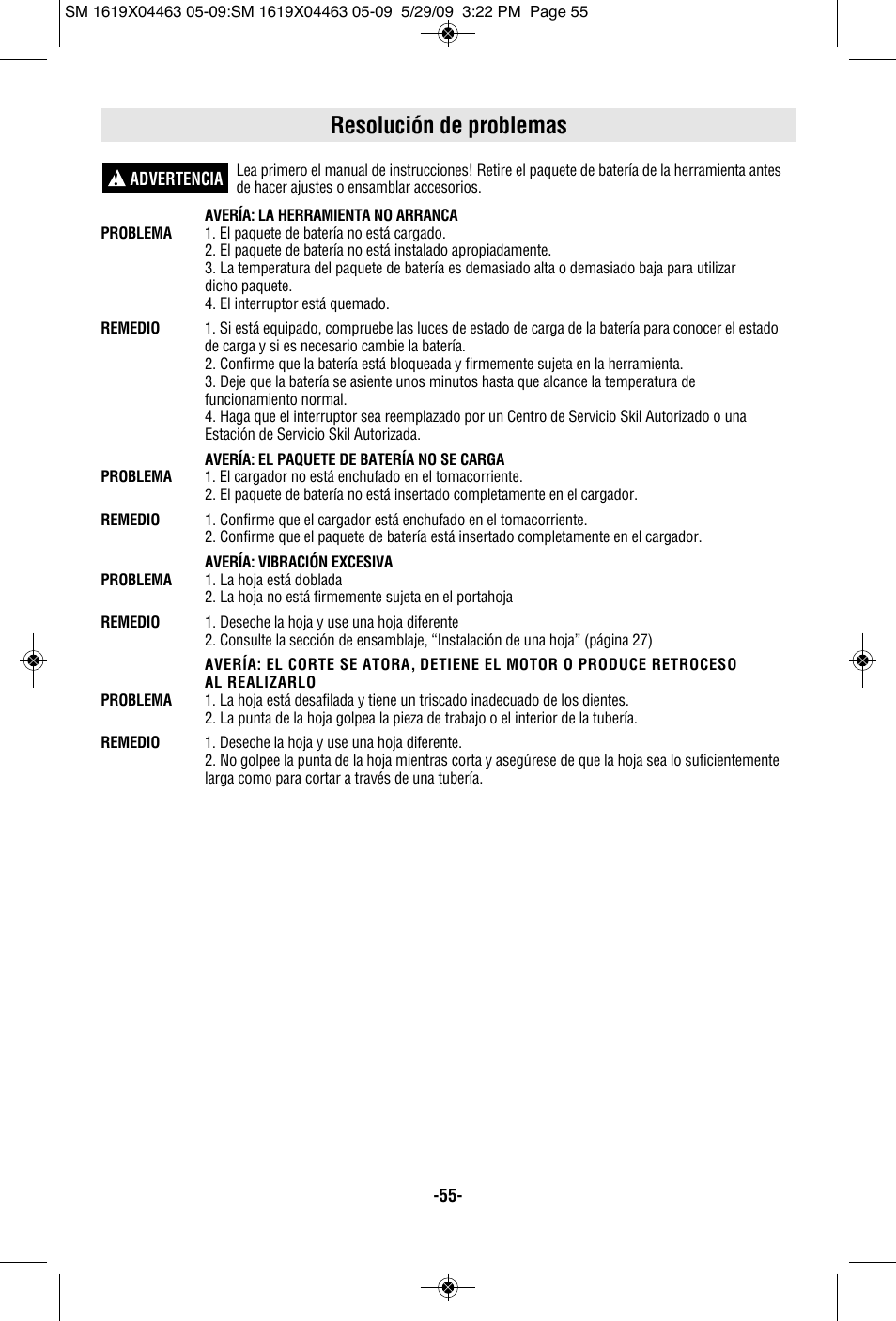 Resolución de problemas | Skil 4570 User Manual | Page 55 / 56