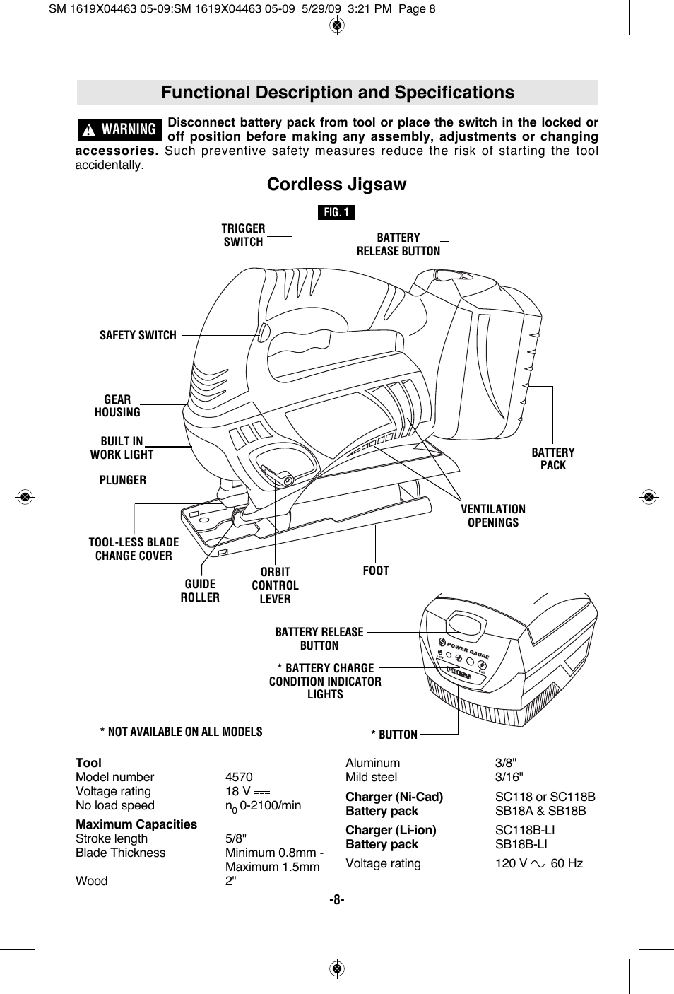 Functional description and specifications, Cordless jigsaw | Skil 4570 User Manual | Page 8 / 56