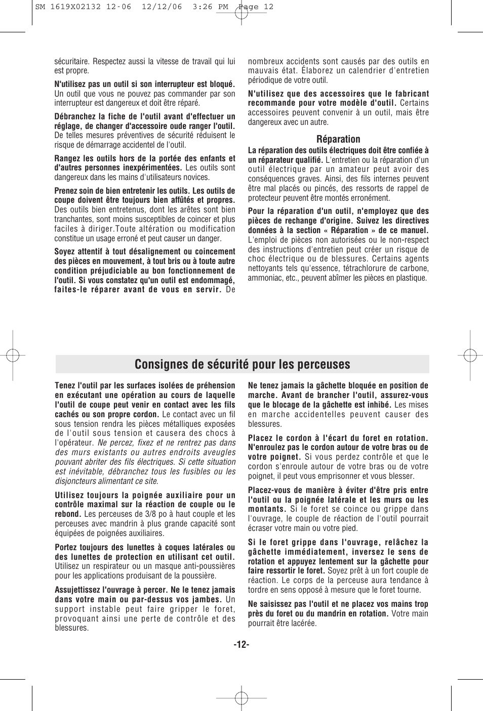 Consignes de sécurité pour les perceuses | Skil 6210 User Manual | Page 12 / 32