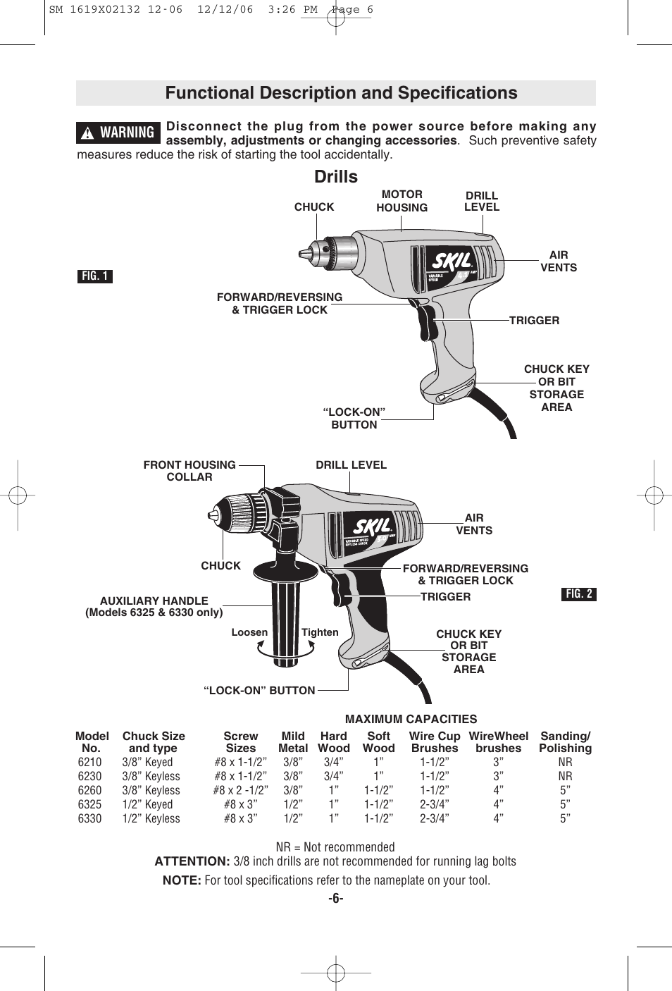 Functional description and specifications, Drills, Warning | Skil 6210 User Manual | Page 6 / 32
