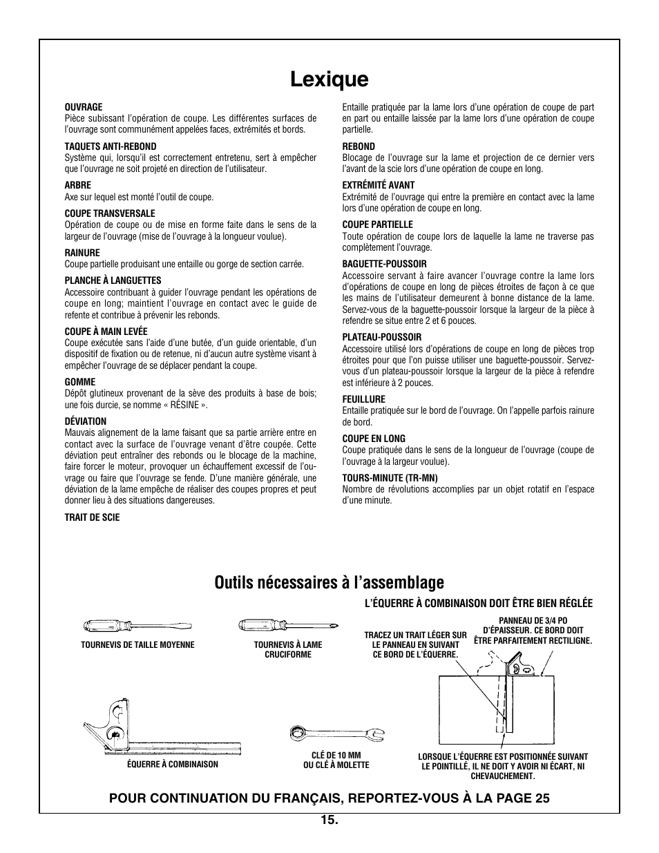 Lexique, Outils nécessaires à l’assemblage | Skil 3305-01 User Manual | Page 15 / 64