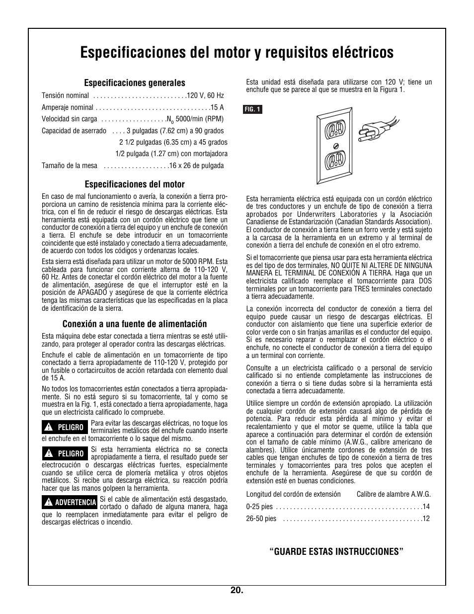 Especificaciones del motor y requisitos eléctricos | Skil 3305-01 User Manual | Page 20 / 64