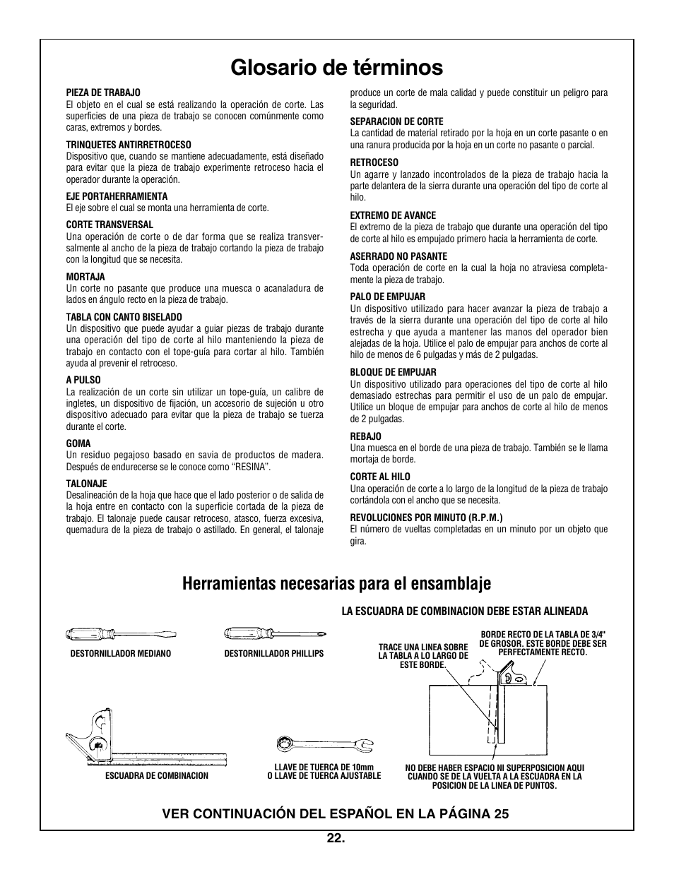 Glosario de términos, Herramientas necesarias para el ensamblaje, Ver continuación del español en la página 25 | Skil 3305-01 User Manual | Page 22 / 64
