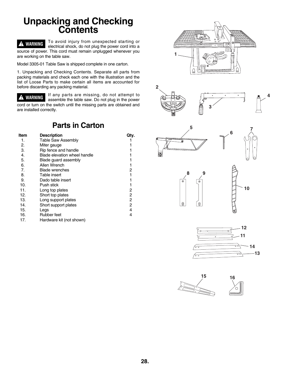 Unpacking and checking contents, Parts in carton | Skil 3305-01 User Manual | Page 28 / 64