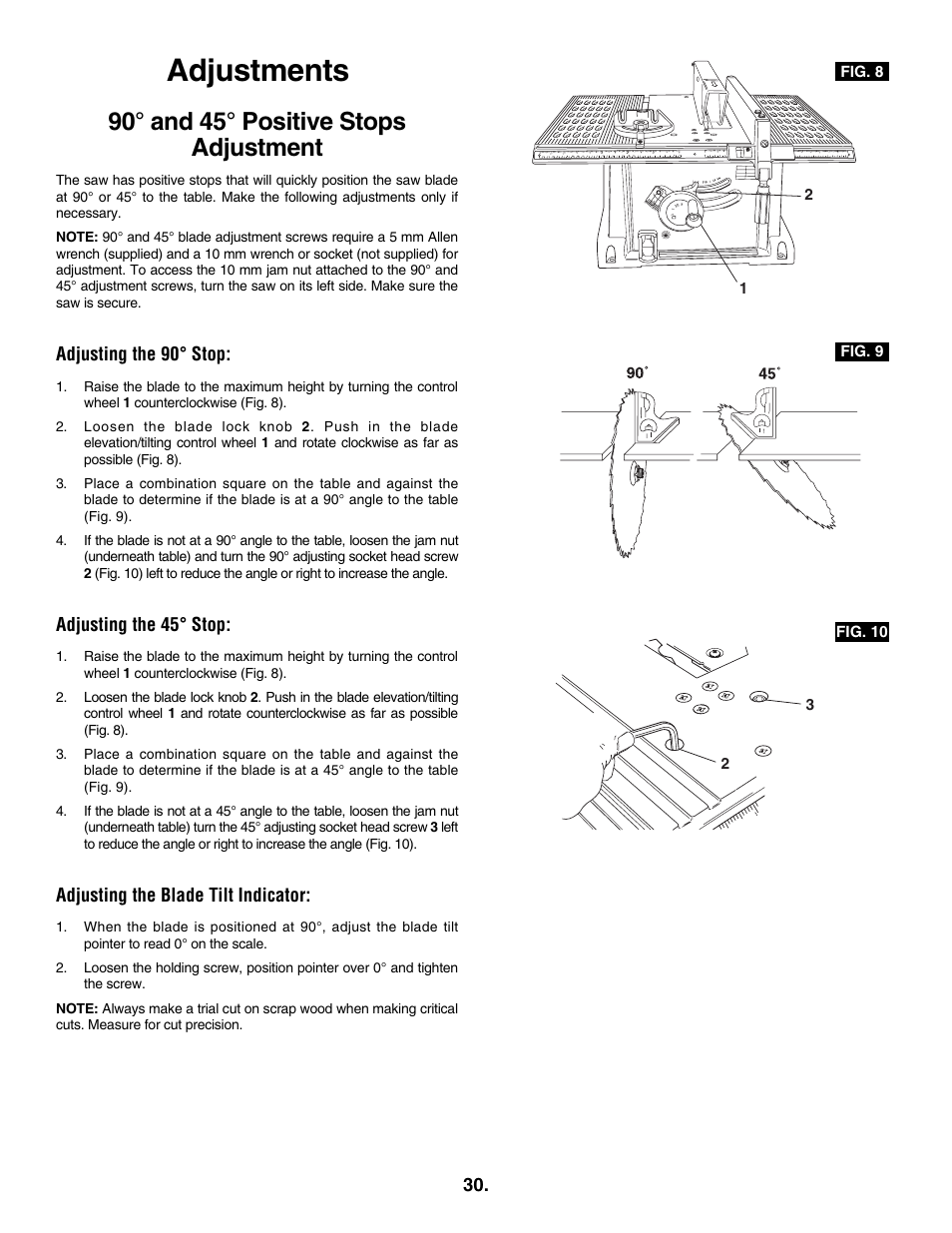 Adjustments, 90° and 45° positive stops adjustment | Skil 3305-01 User Manual | Page 30 / 64