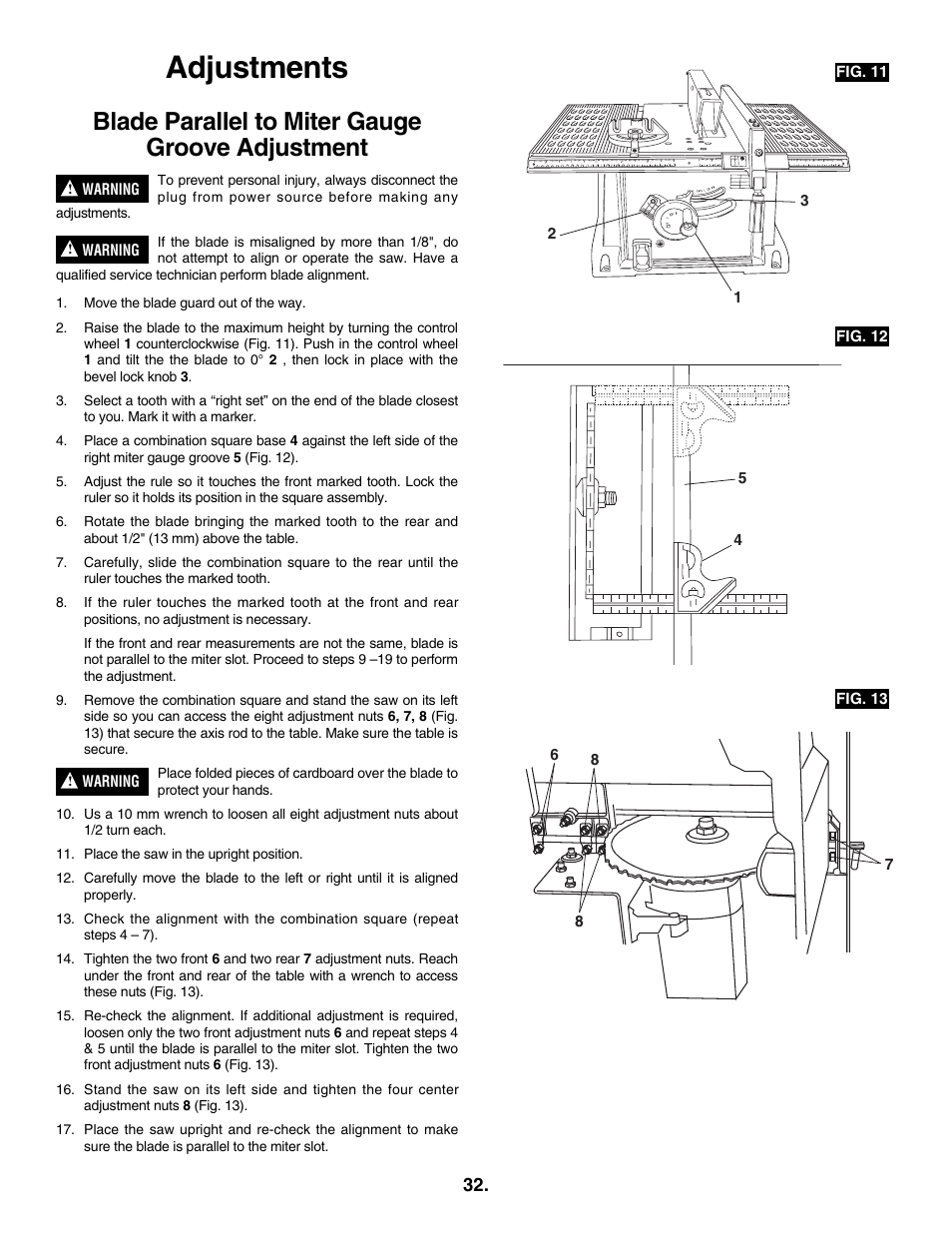 Adjustments, Blade parallel to miter gauge groove adjustment | Skil 3305-01 User Manual | Page 32 / 64
