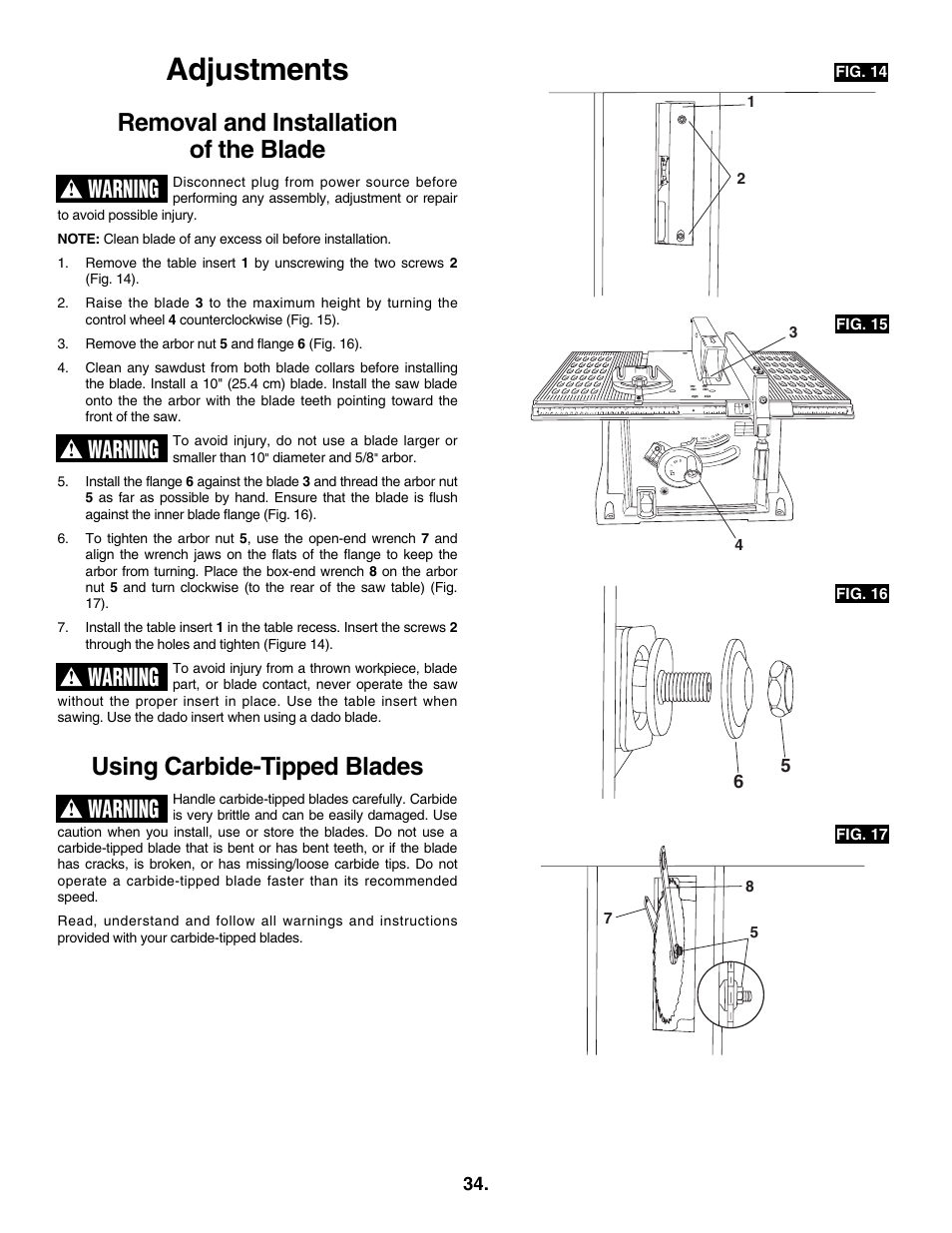 Adjustments, Removal and installation of the blade, Using carbide-tipped blades | Warning | Skil 3305-01 User Manual | Page 34 / 64