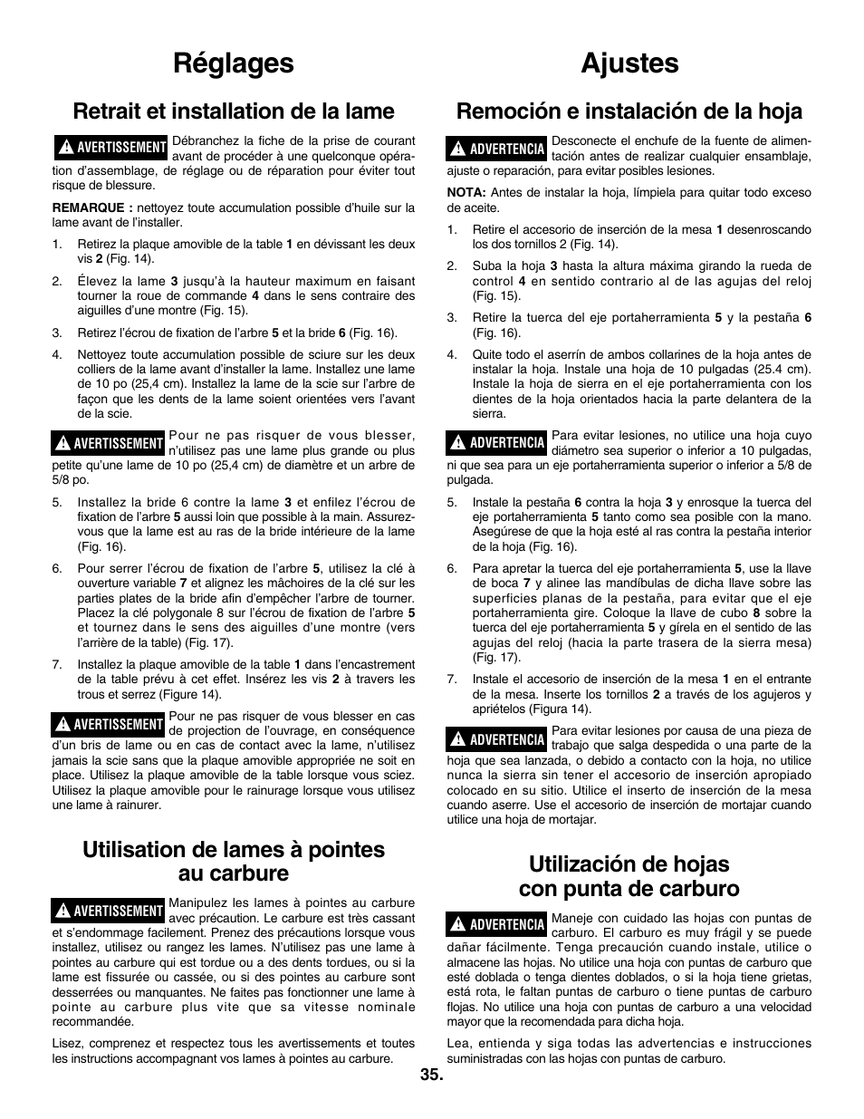 Réglages, Ajustes, Retrait et installation de la lame | Utilisation de lames à pointes au carbure, Remoción e instalación de la hoja, Utilización de hojas con punta de carburo | Skil 3305-01 User Manual | Page 35 / 64