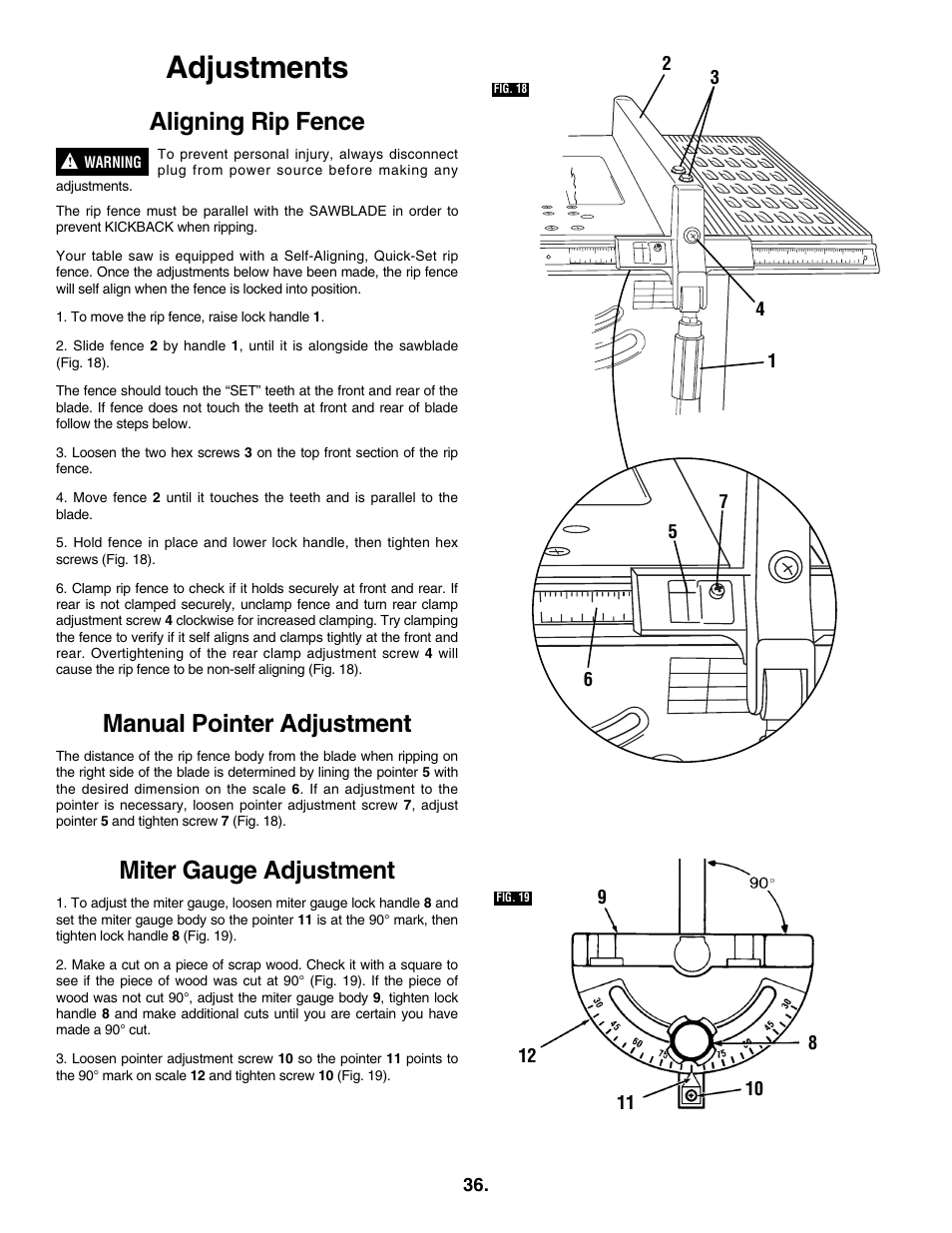 Adjustments, Aligning rip fence, Manual pointer adjustment | Miter gauge adjustment | Skil 3305-01 User Manual | Page 36 / 64