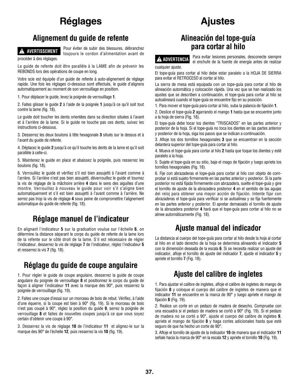 Ajustes, Réglages, Alignement du guide de refente | Réglage manuel de l’indicateur, Réglage du guide de coupe angulaire, Alineación del tope-guía para cortar al hilo, Ajuste manual del indicador, Ajuste del calibre de ingletes | Skil 3305-01 User Manual | Page 37 / 64