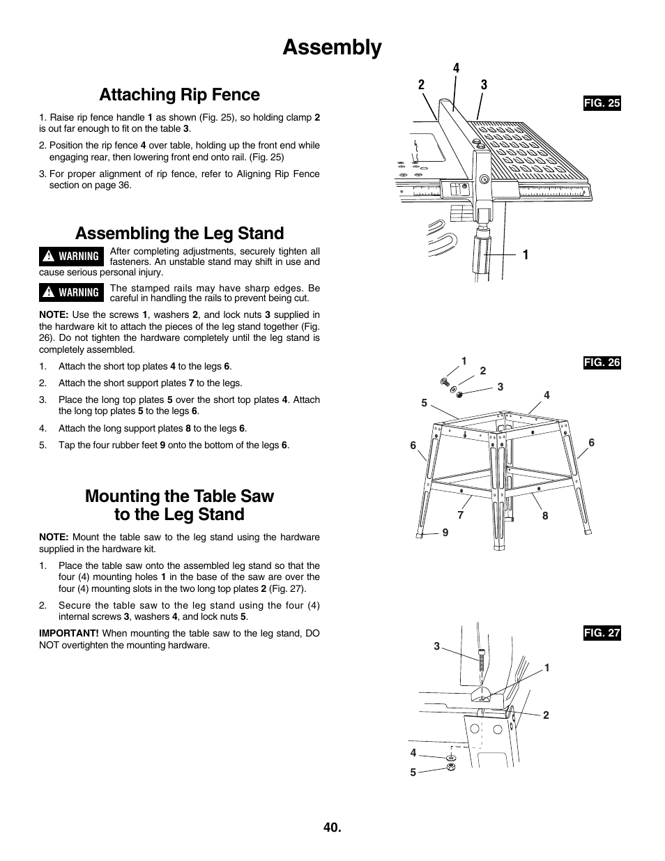 Assembly, Attaching rip fence, Assembling the leg stand | Mounting the table saw to the leg stand | Skil 3305-01 User Manual | Page 40 / 64