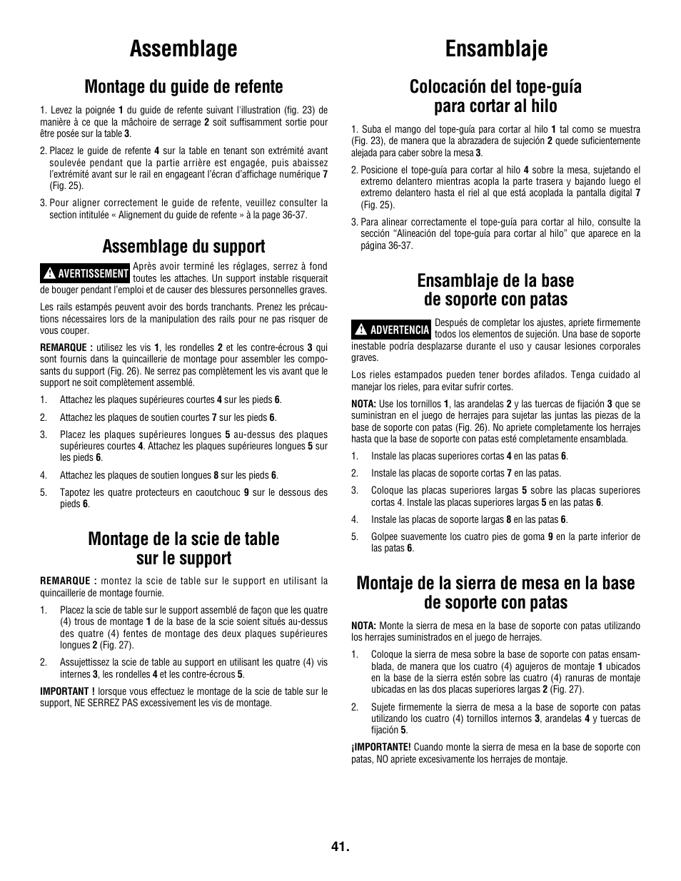 Ensamblaje assemblage, Colocación del tope-guía para cortar al hilo, Ensamblaje de la base de soporte con patas | Montage du guide de refente, Assemblage du support, Montage de la scie de table sur le support | Skil 3305-01 User Manual | Page 41 / 64