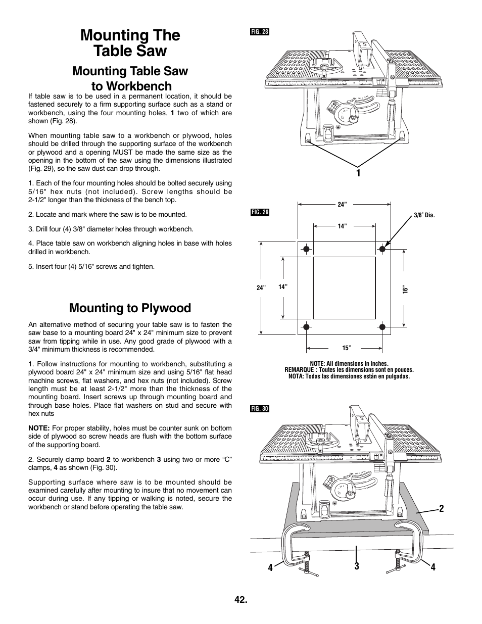 Mounting the table saw, Mounting table saw to workbench, Mounting to plywood | Skil 3305-01 User Manual | Page 42 / 64