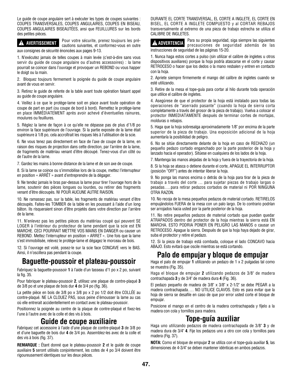 Baguette-poussoir et plateau-poussoir, Guide de coupe auxiliaire, Palo de empujar y bloque de empujar | Tope-guía auxiliar | Skil 3305-01 User Manual | Page 47 / 64