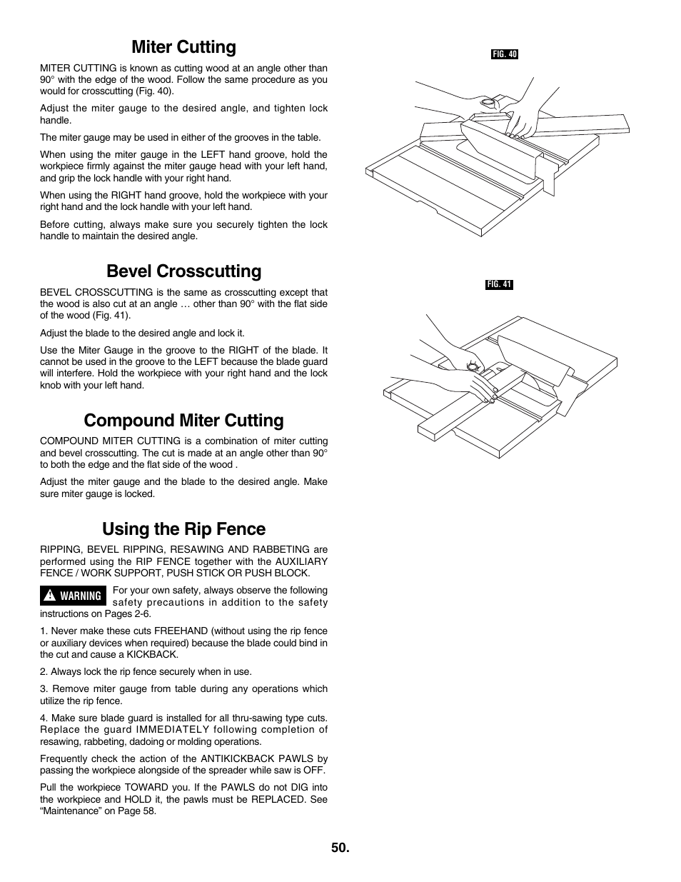 Miter cutting, Bevel crosscutting, Compound miter cutting | Using the rip fence | Skil 3305-01 User Manual | Page 50 / 64