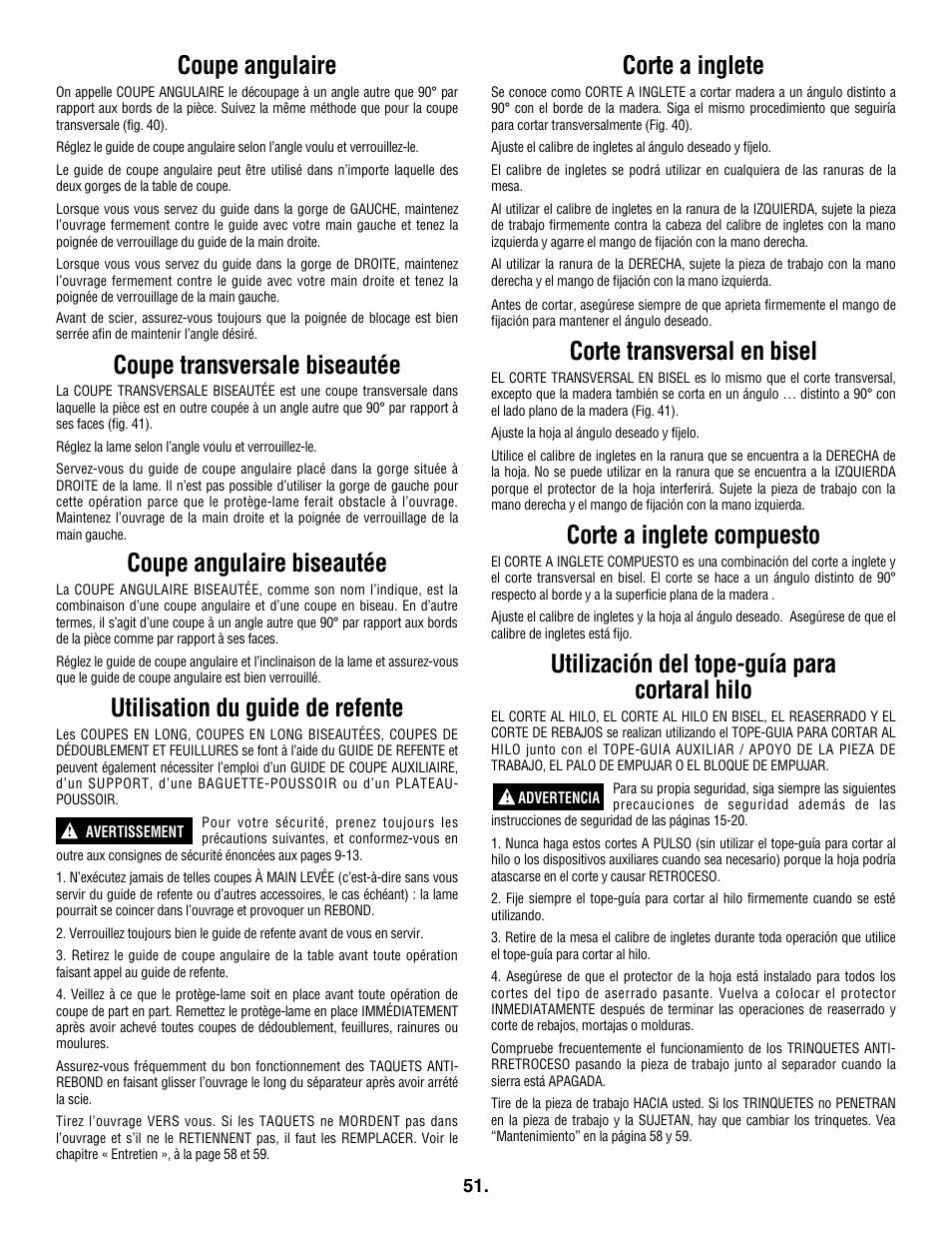 Coupe angulaire, Coupe transversale biseautée, Coupe angulaire biseautée | Utilisation du guide de refente, Corte a inglete, Corte transversal en bisel, Corte a inglete compuesto, Utilización del tope-guía para cortaral hilo | Skil 3305-01 User Manual | Page 51 / 64