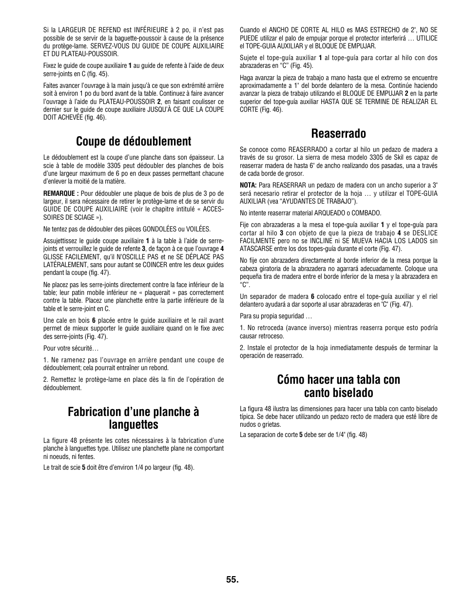 Reaserrado, Cómo hacer una tabla con canto biselado, Coupe de dédoublement | Fabrication d’une planche à languettes | Skil 3305-01 User Manual | Page 55 / 64