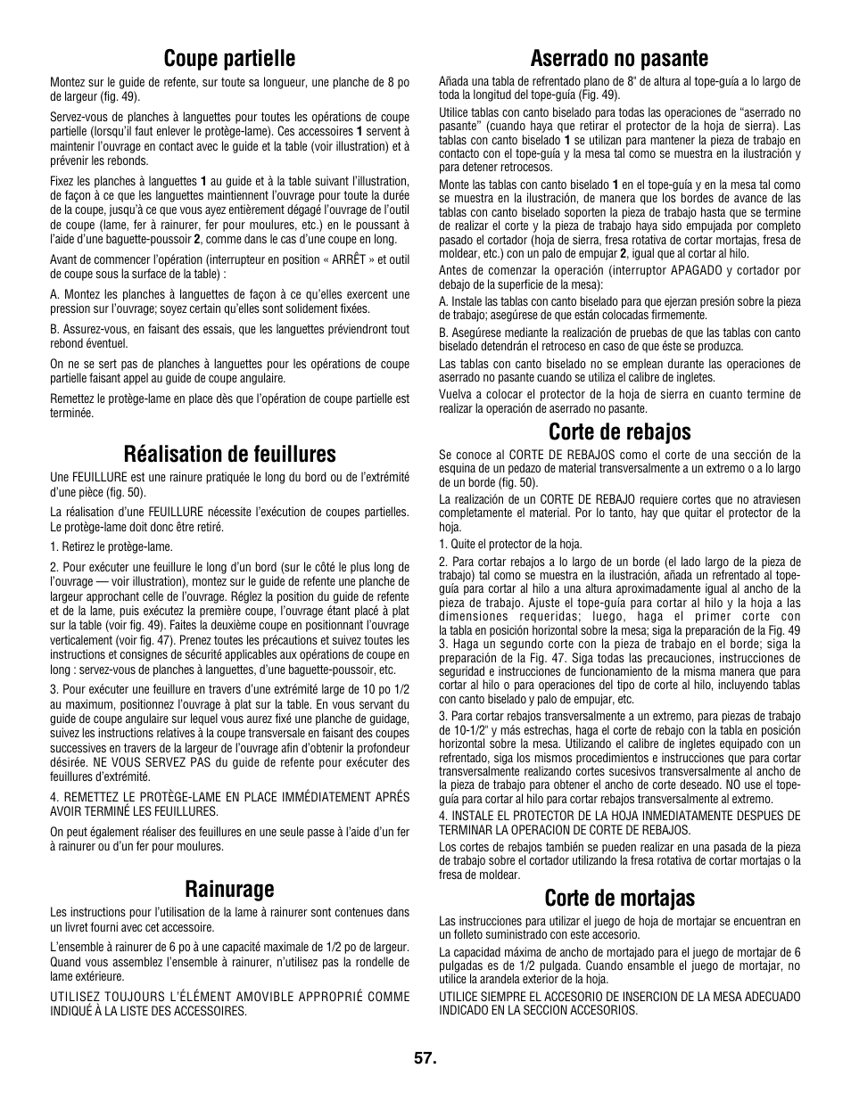 Aserrado no pasante, Corte de rebajos, Corte de mortajas | Coupe partielle, Réalisation de feuillures, Rainurage | Skil 3305-01 User Manual | Page 57 / 64