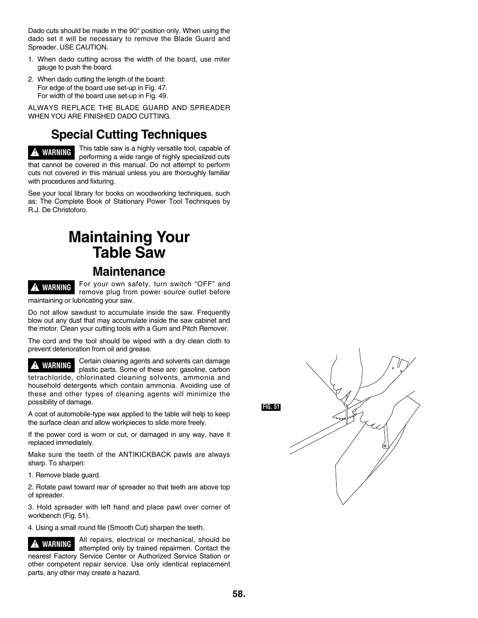 Maintaining your table saw, Special cutting techniques, Maintenance | Skil 3305-01 User Manual | Page 58 / 64