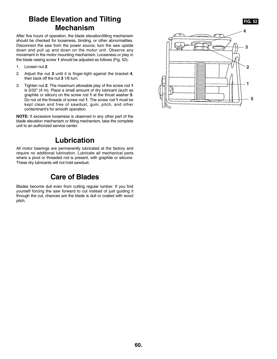 Blade elevation and tilting mechanism, Lubrication, Care of blades | Skil 3305-01 User Manual | Page 60 / 64