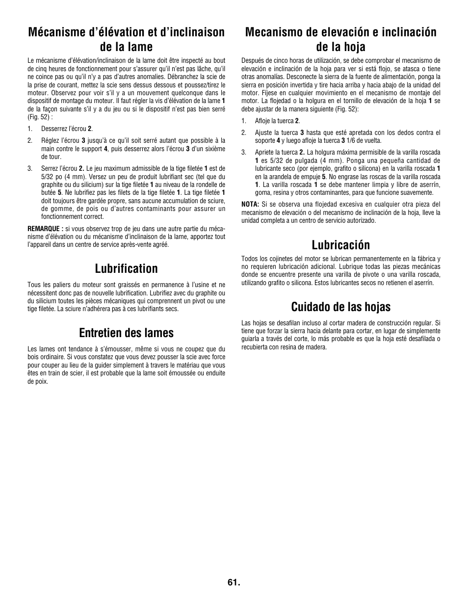 Mécanisme d’élévation et d’inclinaison de la lame, Lubrification, Entretien des lames | Mecanismo de elevación e inclinación de la hoja, Lubricación, Cuidado de las hojas | Skil 3305-01 User Manual | Page 61 / 64