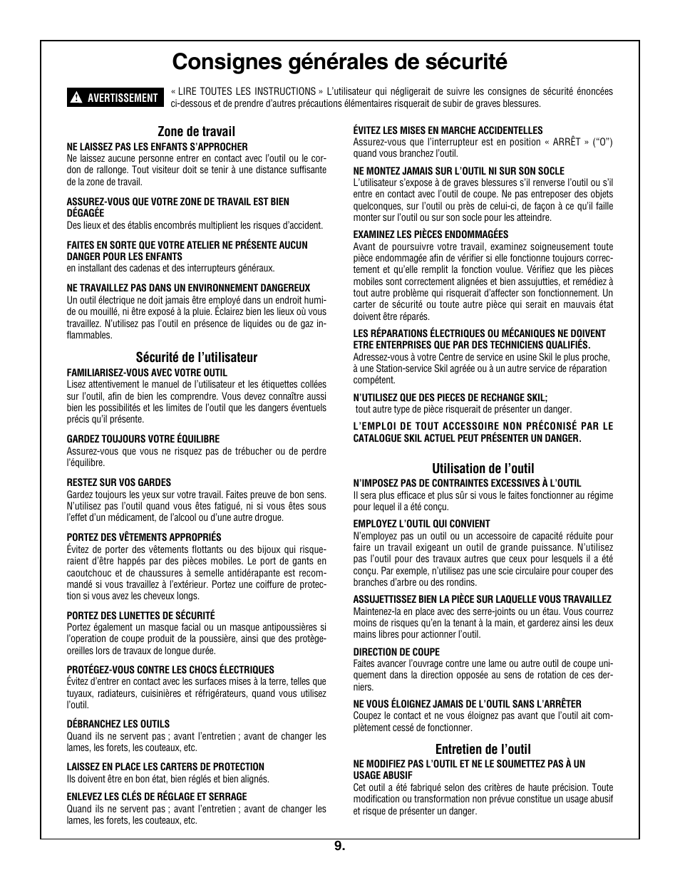 Consignes générales de sécurité, Zone de travail, Sécurité de l’utilisateur | Utilisation de l’outil, Entretien de l’outil | Skil 3305-01 User Manual | Page 9 / 64