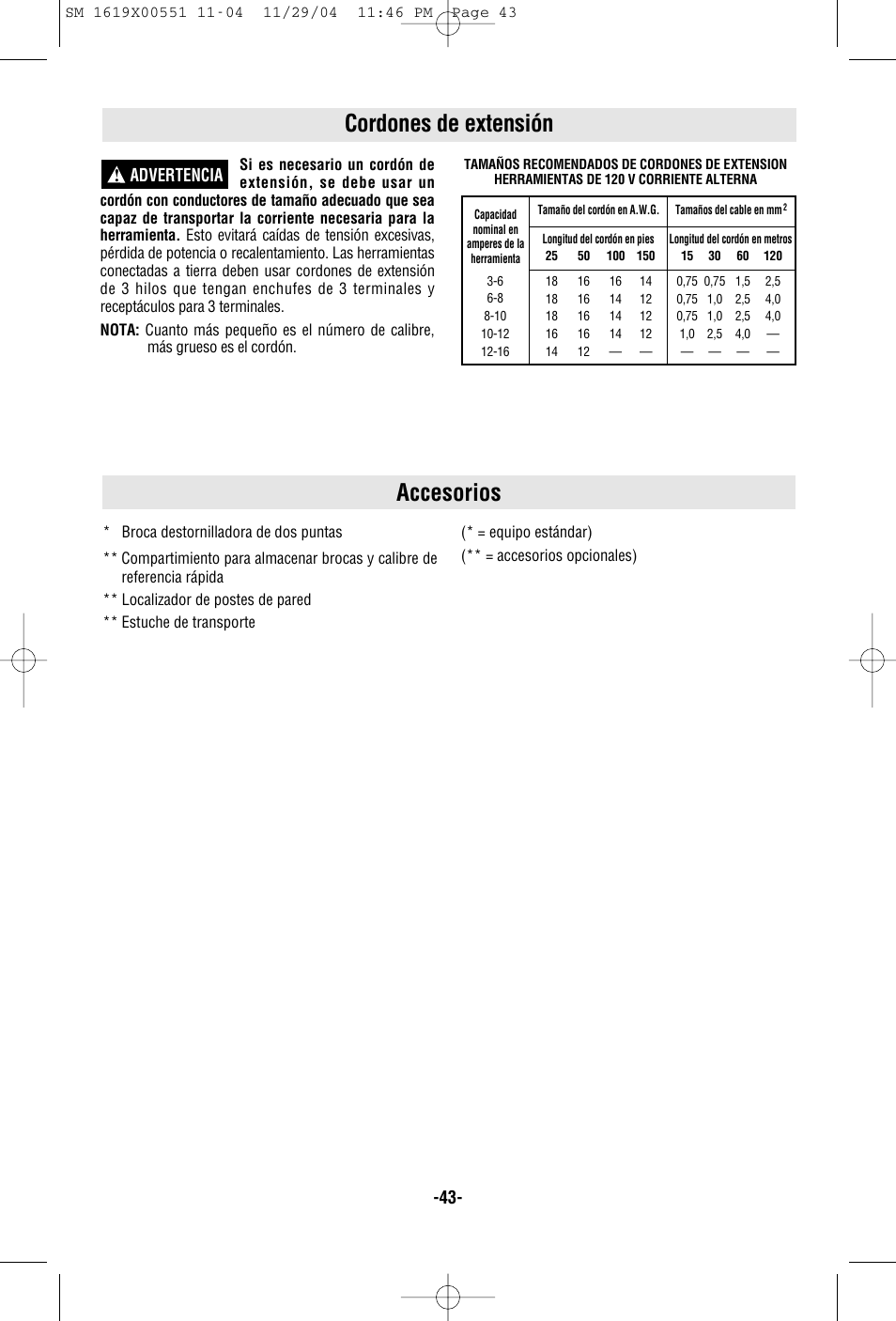 Accesorios, Cordones de extensión, Advertencia | Skil 2466 2566 2866 User Manual | Page 43 / 44