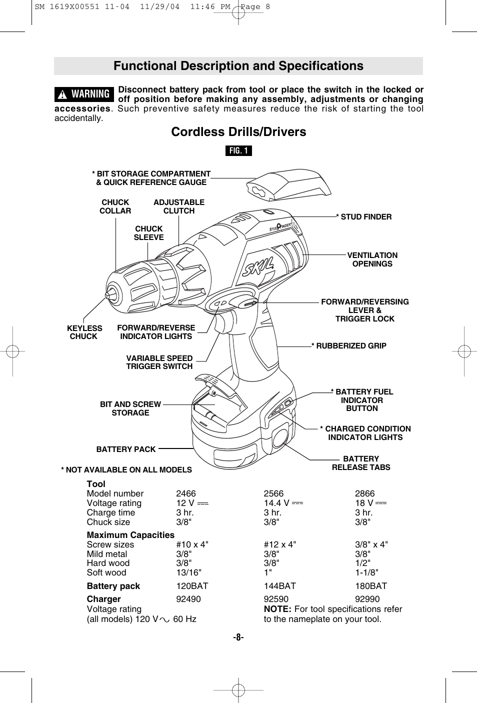 Functional description and specifications, Cordless drills/drivers, Warning | Skil 2466 2566 2866 User Manual | Page 8 / 44