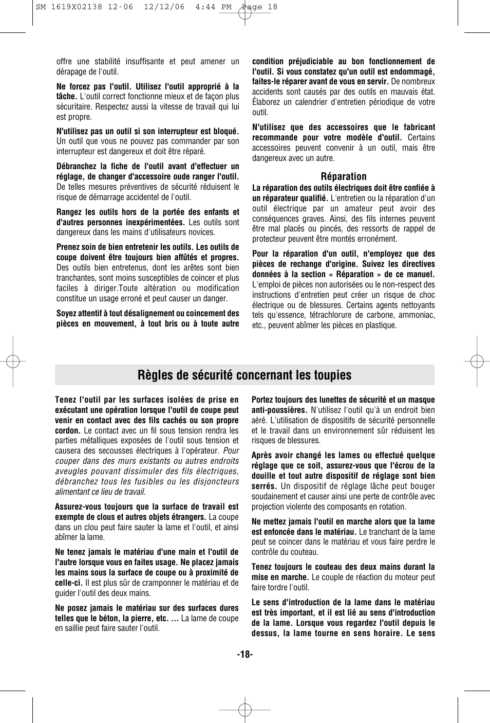 Règles de sécurité concernant les toupies | Skil 1810 User Manual | Page 18 / 48