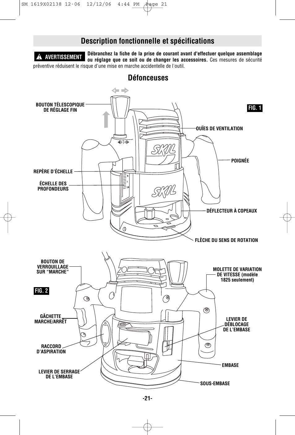 Description fonctionnelle et spécifications, Défonceuses | Skil 1810 User Manual | Page 21 / 48