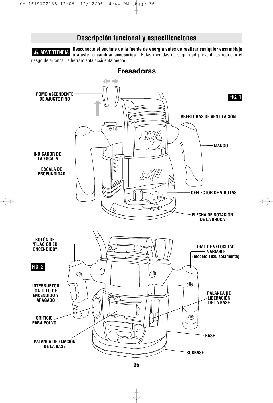 Descripción funcional y especificaciones, Fresadoras | Skil 1810 User Manual | Page 36 / 48