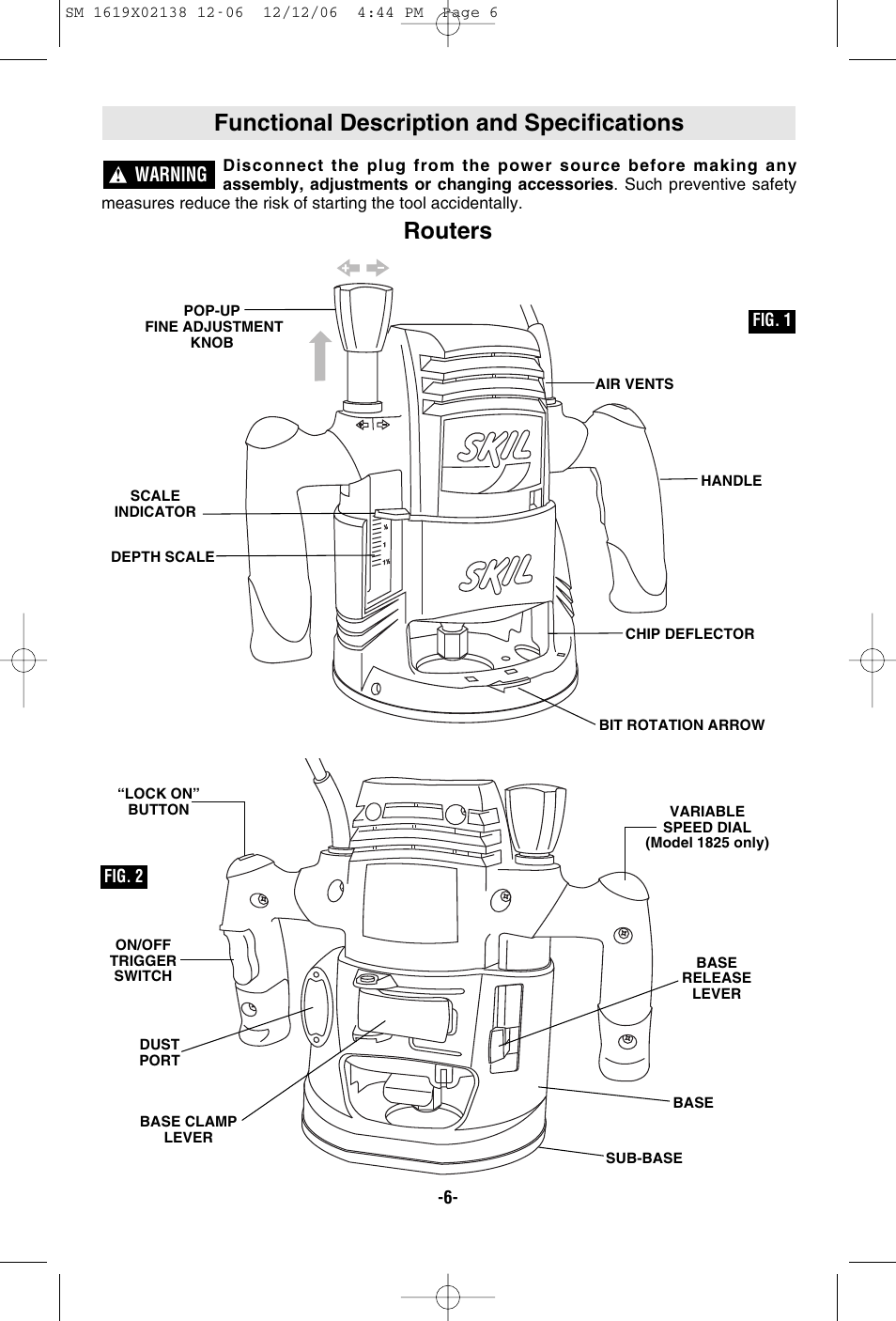 Functional description and specifications, Routers, Warning | Skil 1810 User Manual | Page 6 / 48