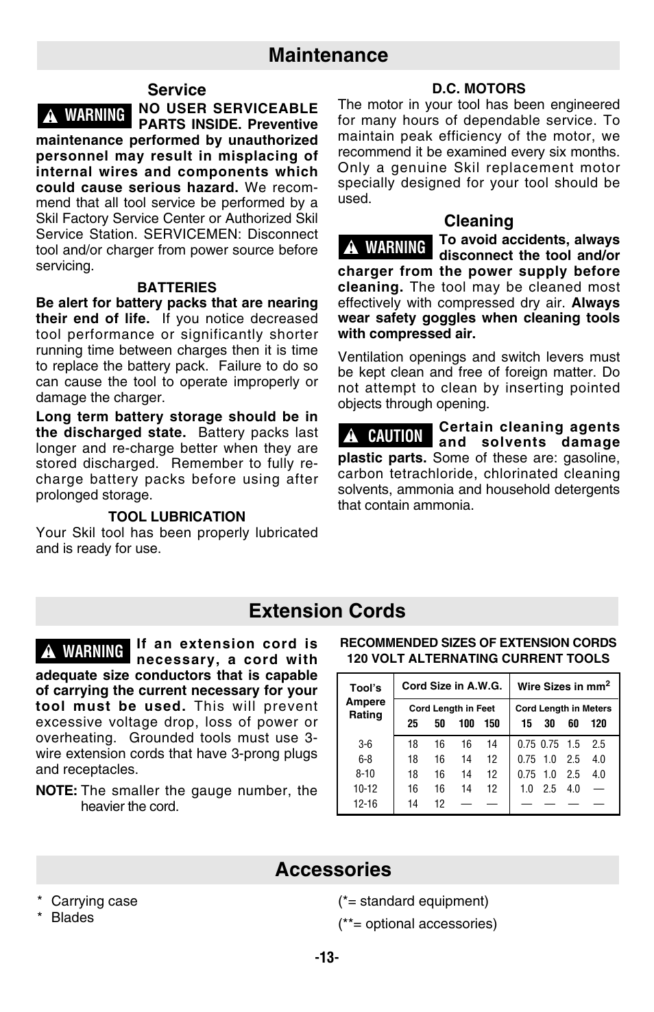 Maintenance, Accessories, Extension cords | Service, Cleaning, Warning, Caution | Skil 9350 User Manual | Page 13 / 40