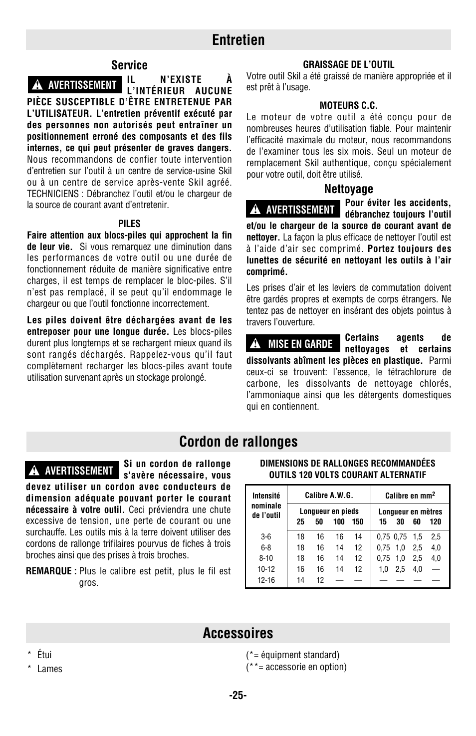 Entretien, Accessoires, Cordon de rallonges | Service, Nettoyage | Skil 9350 User Manual | Page 25 / 40