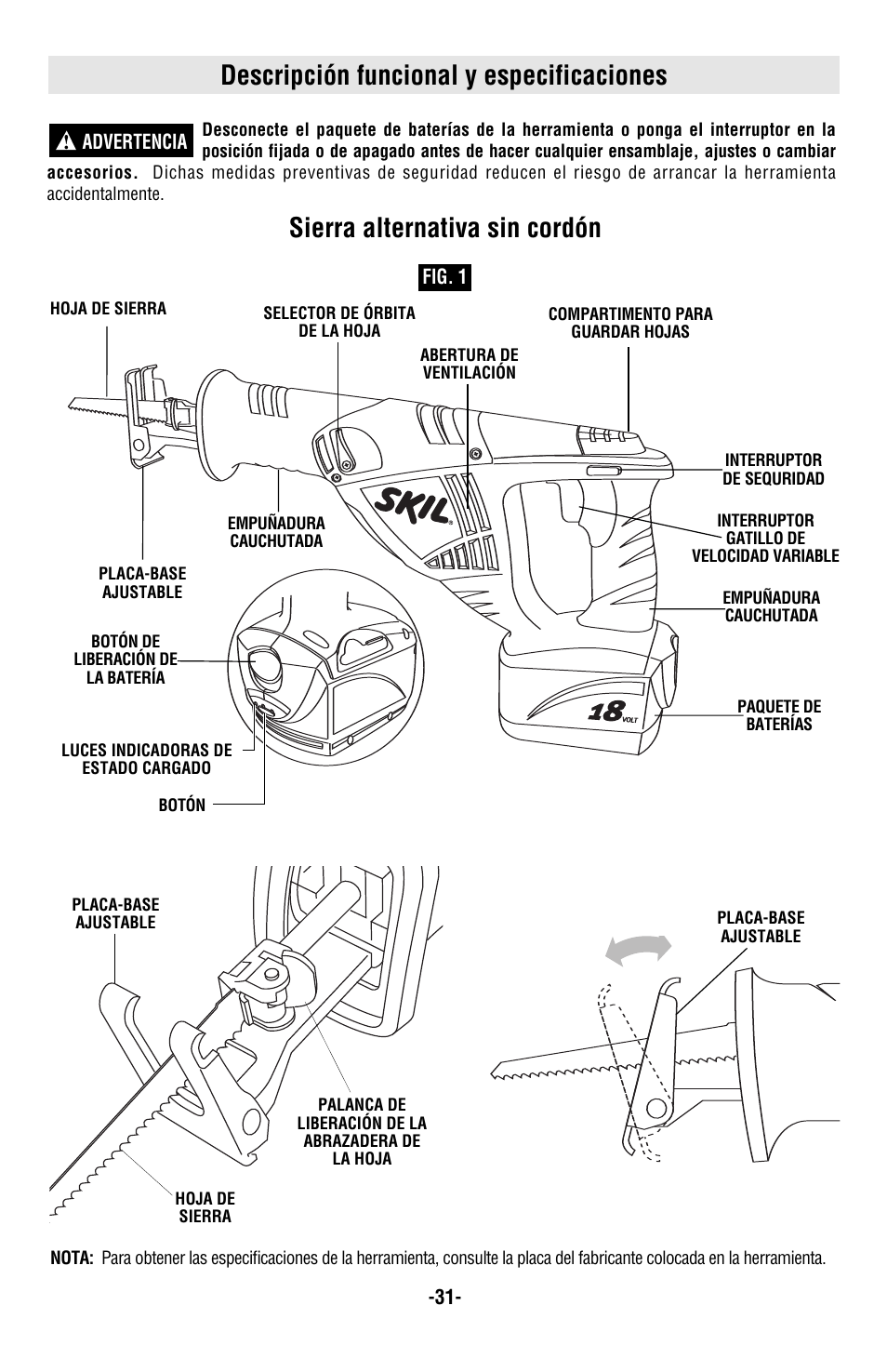 Descripción funcional y especificaciones, Sierra alternativa sin cordón | Skil 9350 User Manual | Page 31 / 40