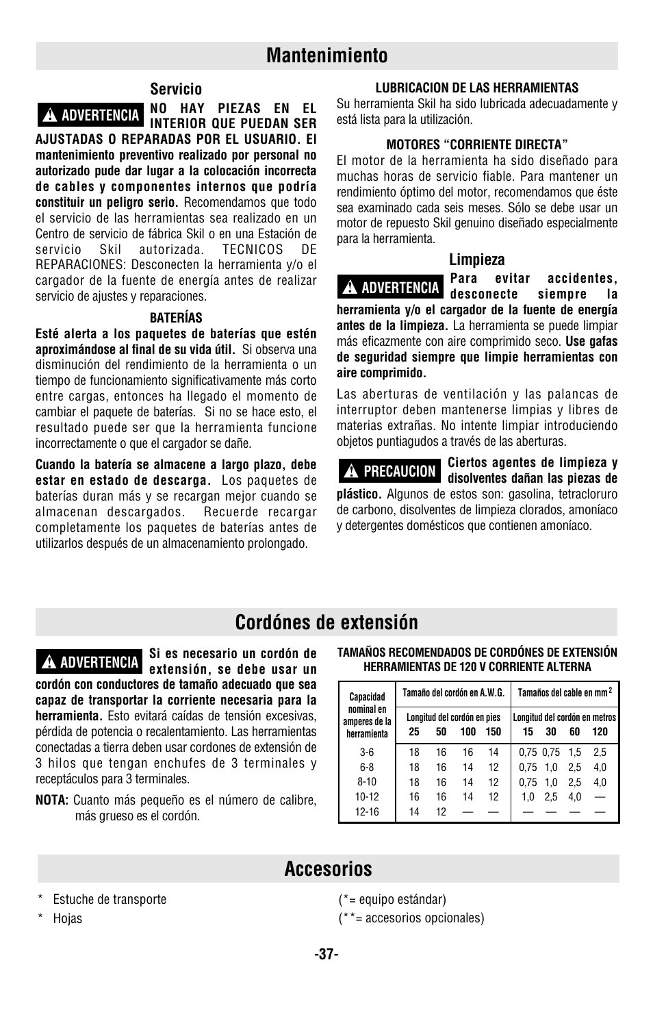 Accesorios, Mantenimiento, Cordónes de extensión | Servicio, Limpieza | Skil 9350 User Manual | Page 37 / 40