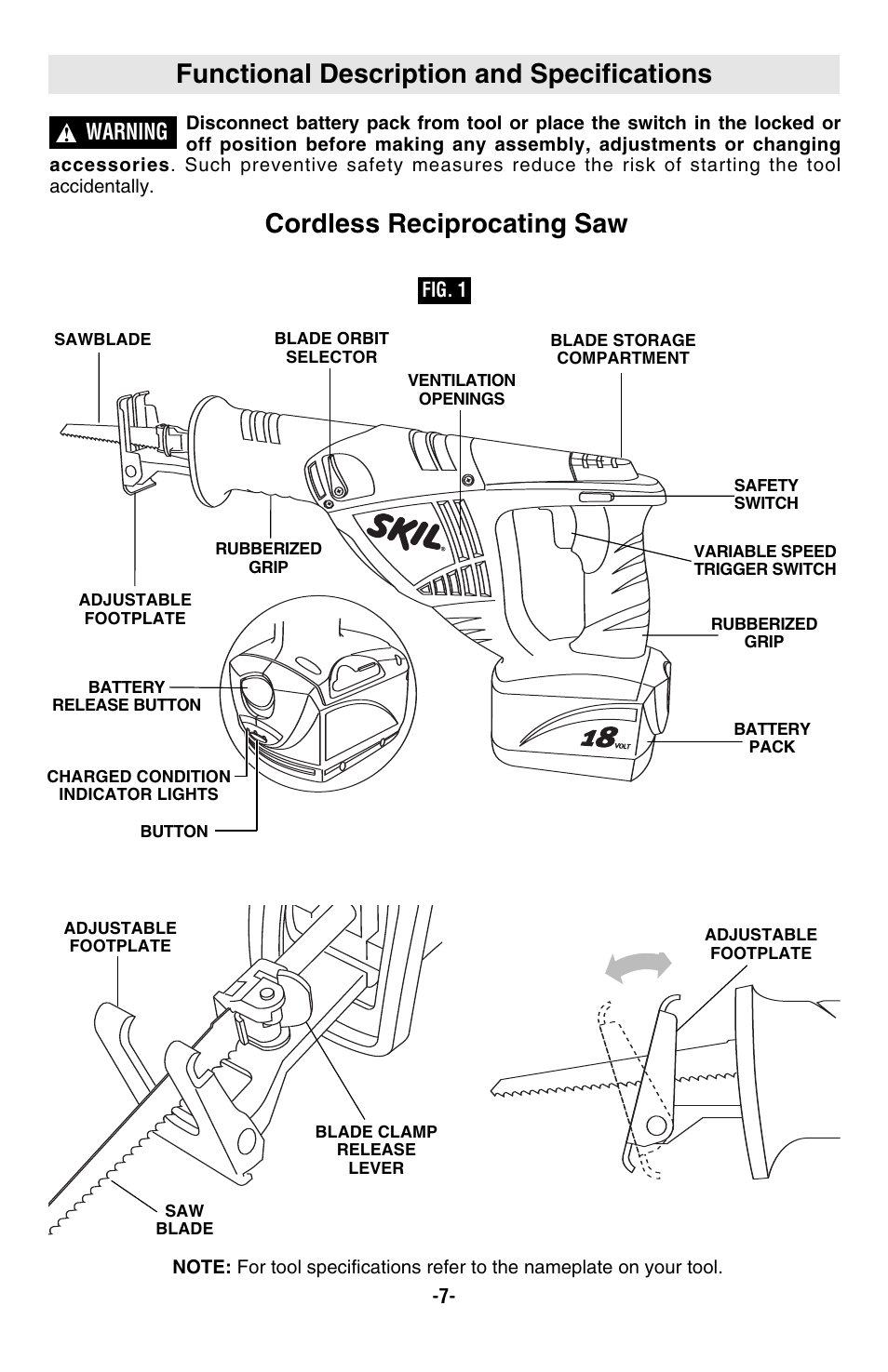 Functional description and specifications, Cordless reciprocating saw, Warning | Skil 9350 User Manual | Page 7 / 40