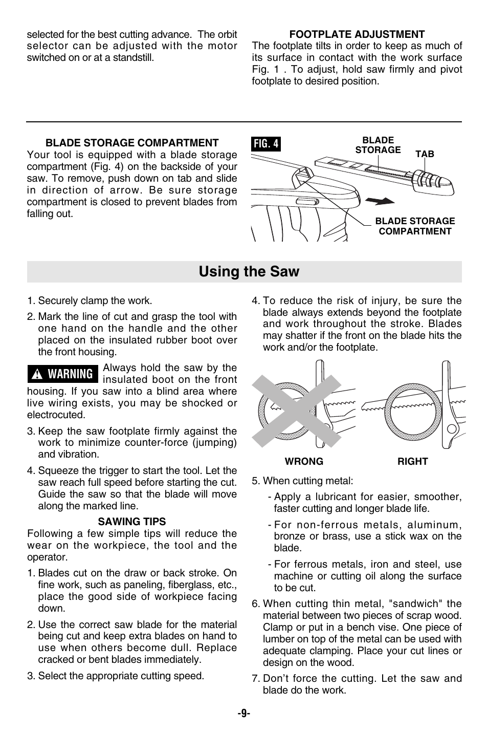 Using the saw, Warning | Skil 9350 User Manual | Page 9 / 40