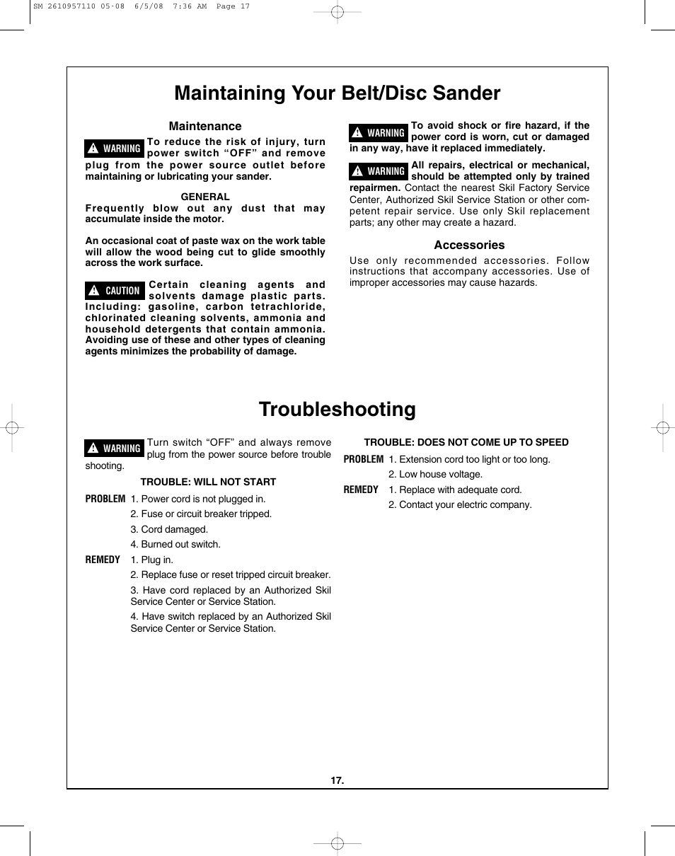Maintaining your belt/disc sander, Troubleshooting | Skil 3375-01 User Manual | Page 17 / 52