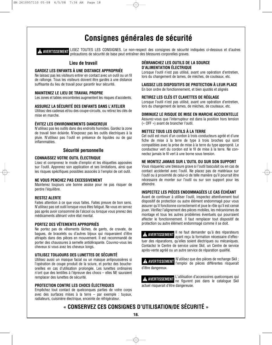 Consignes générales de sécurité, Conservez ces consignes d’utilisation/de sécurité, Lieu de travail | Sécurité personnelle | Skil 3375-01 User Manual | Page 18 / 52