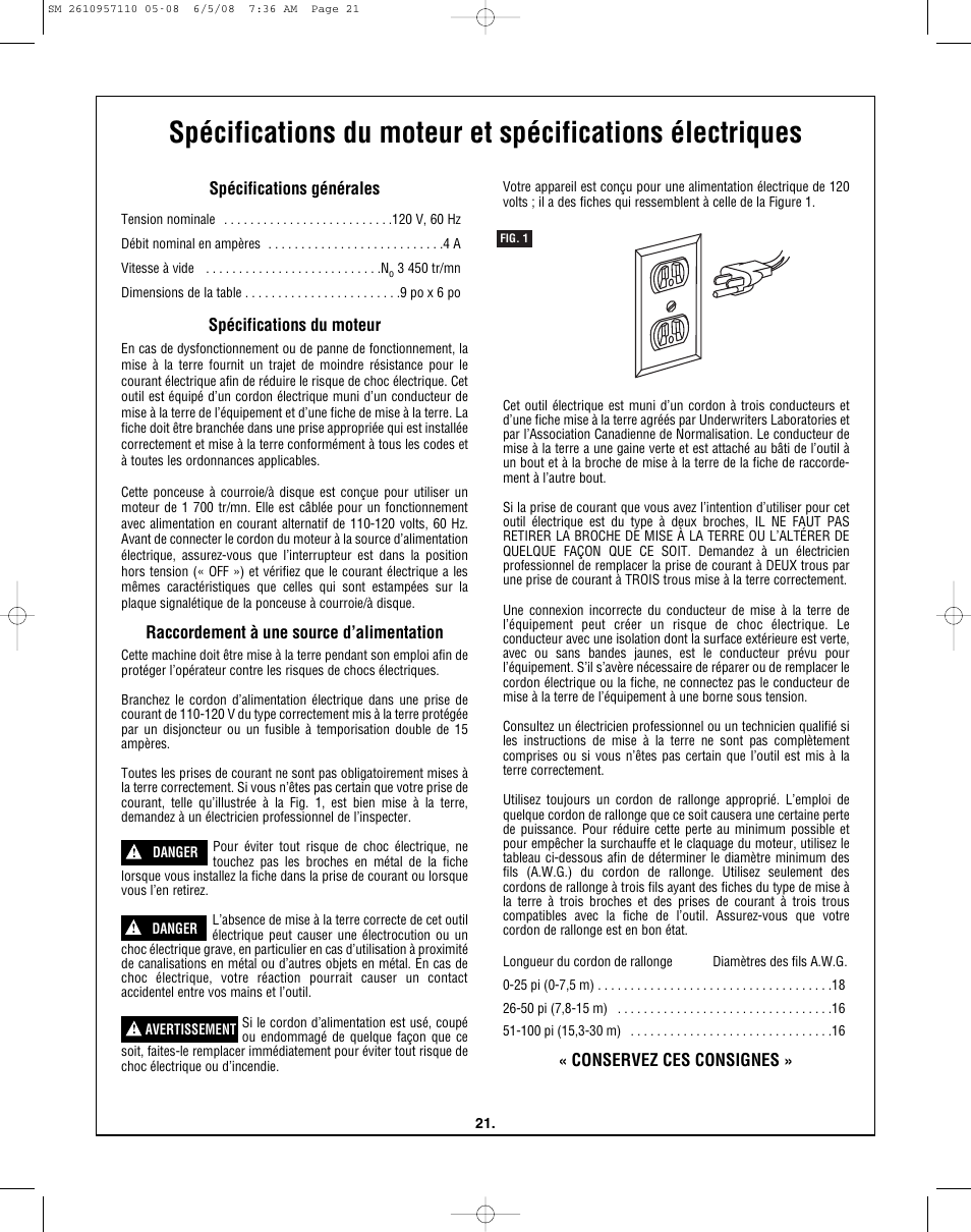Spécifications générales, Spécifications du moteur, Raccordement à une source d’alimentation | Conservez ces consignes | Skil 3375-01 User Manual | Page 21 / 52