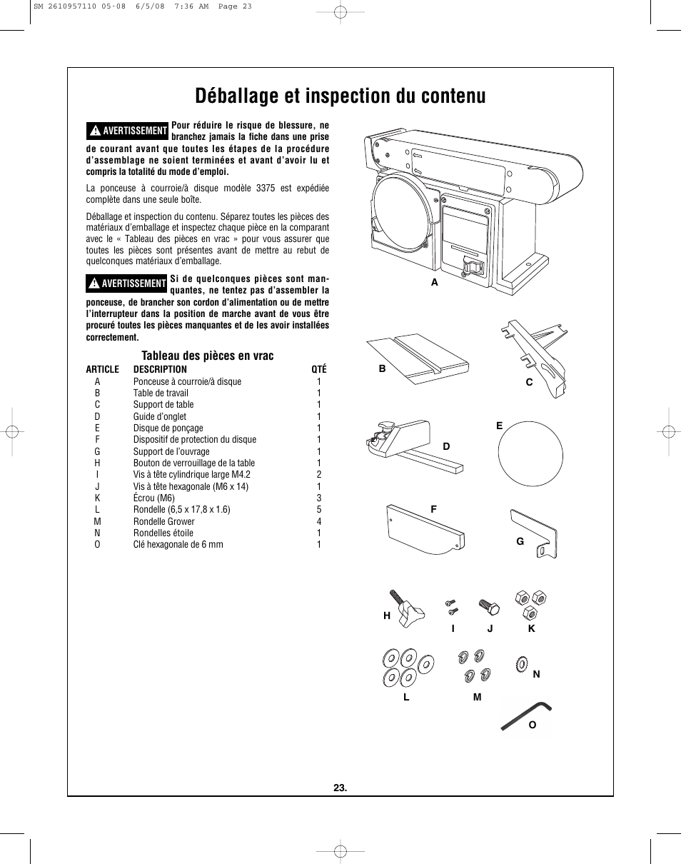 Déballage et inspection du contenu, Tableau des pièces en vrac | Skil 3375-01 User Manual | Page 23 / 52