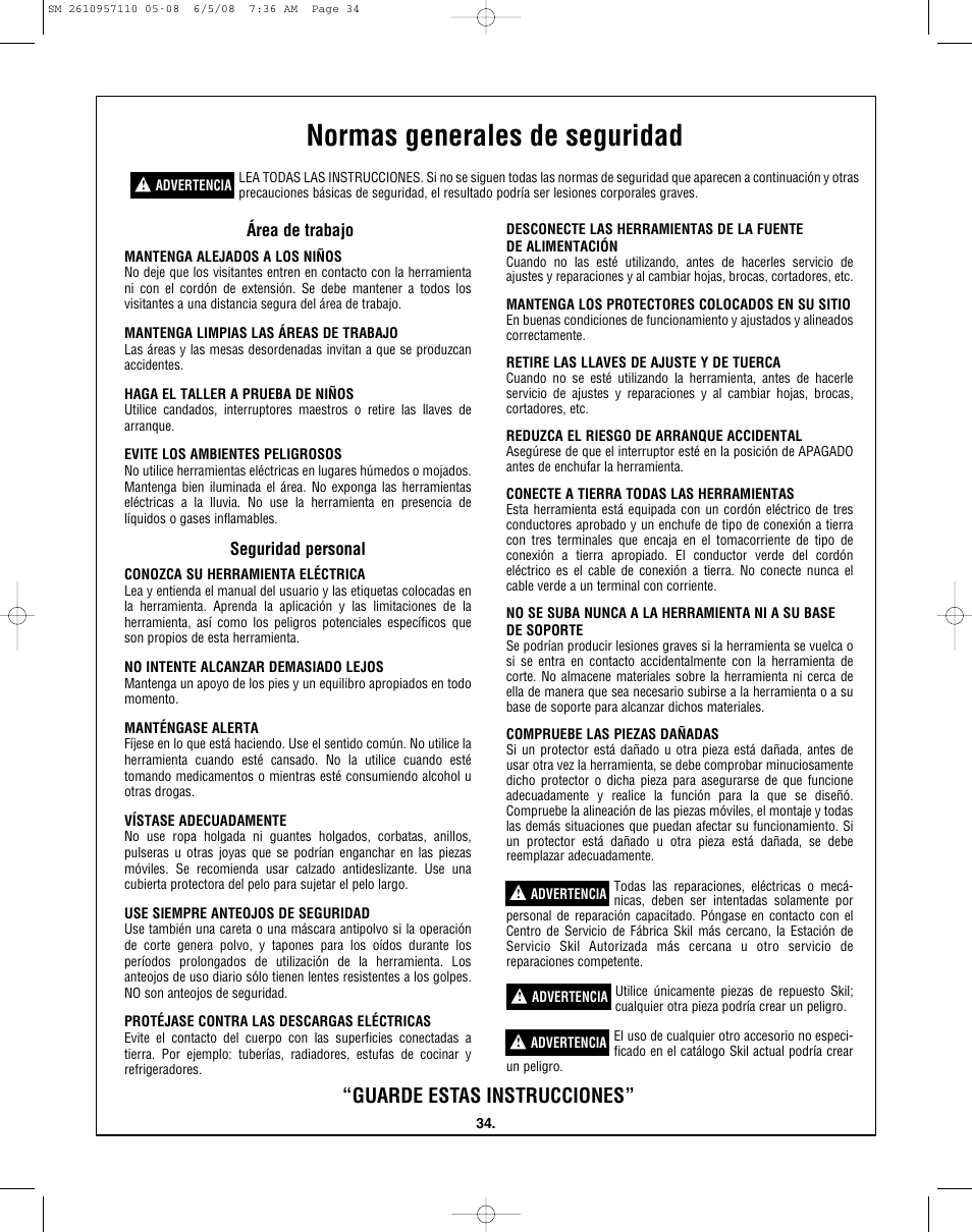 Normas generales de seguridad, Guarde estas instrucciones | Skil 3375-01 User Manual | Page 34 / 52