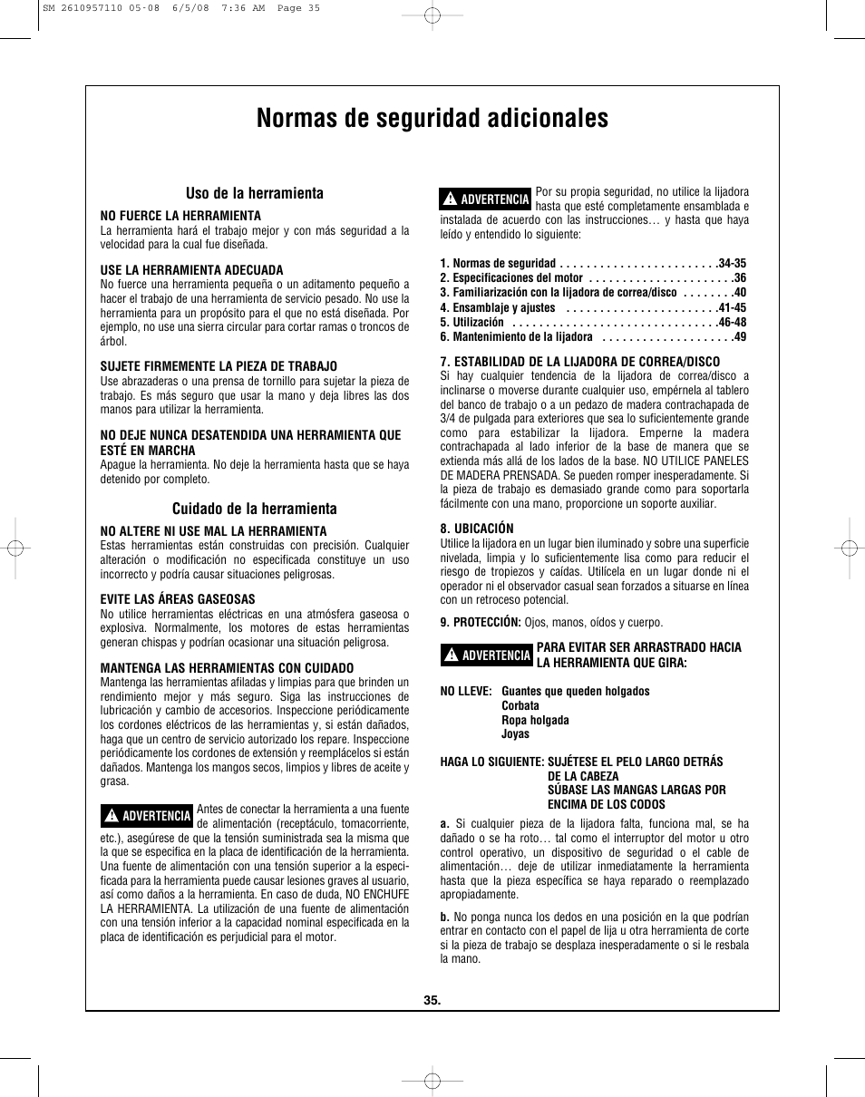 Normas de seguridad adicionales, Uso de la herramienta, Cuidado de la herramienta | Skil 3375-01 User Manual | Page 35 / 52
