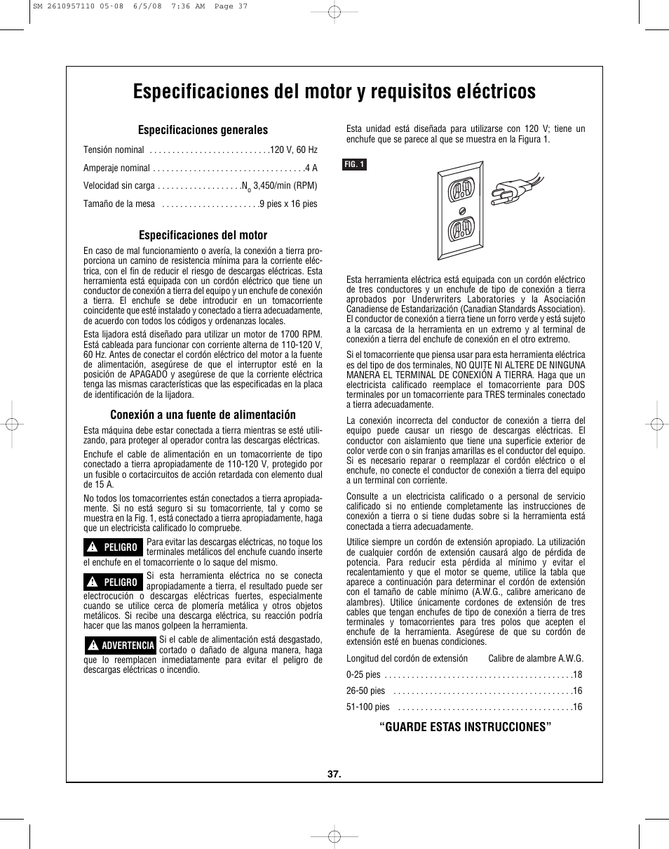 Especificaciones del motor y requisitos eléctricos | Skil 3375-01 User Manual | Page 37 / 52