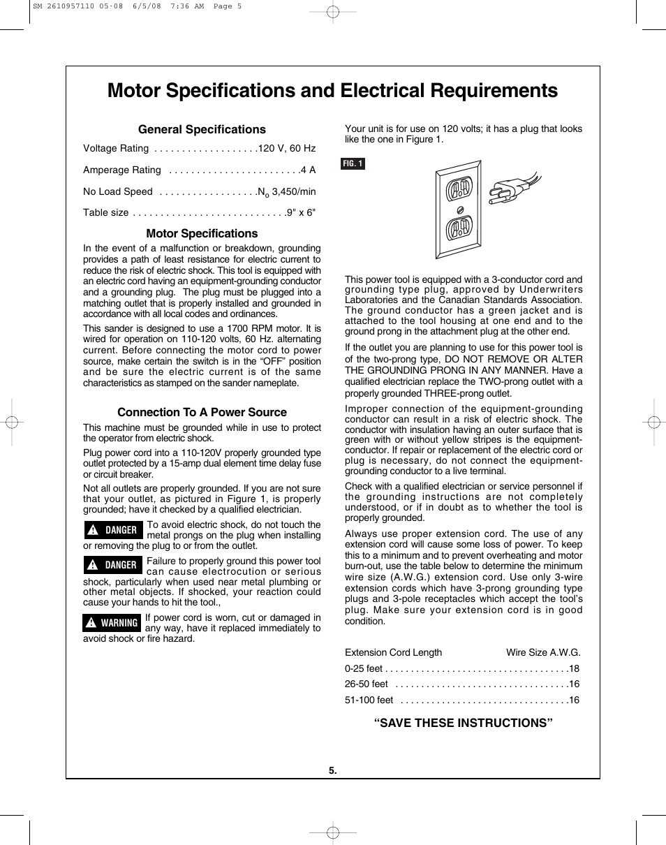 Motor specifications and electrical requirements | Skil 3375-01 User Manual | Page 5 / 52
