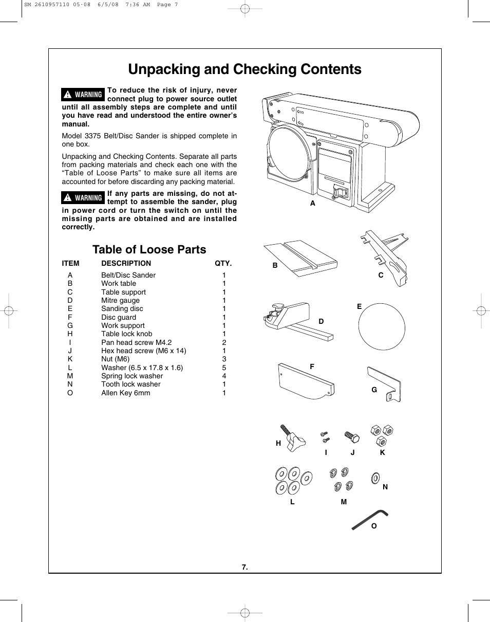 Unpacking and checking contents, Table of loose parts | Skil 3375-01 User Manual | Page 7 / 52