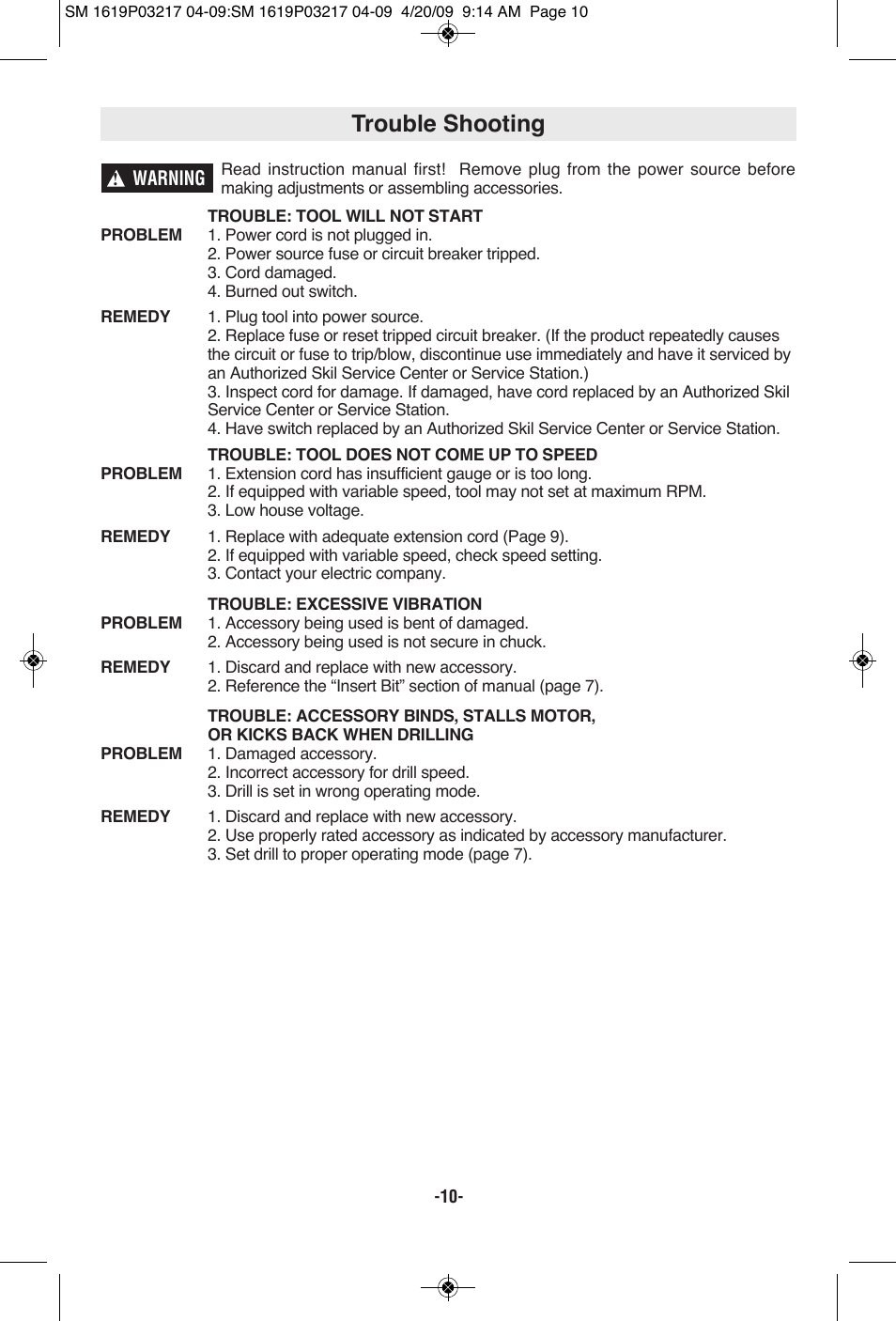 Trouble shooting | Skil 6238 User Manual | Page 10 / 32